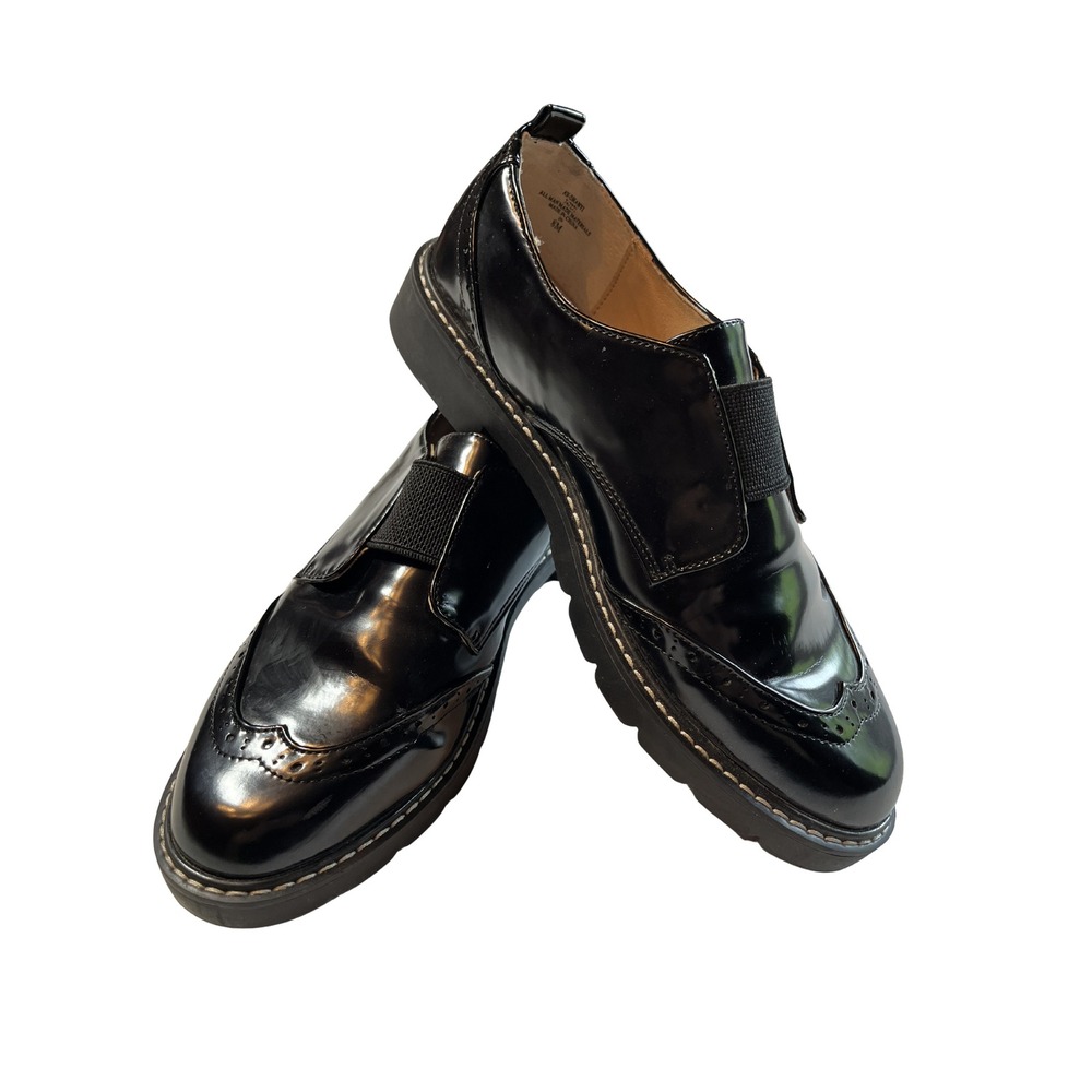 Adrienne Vittadini Shanti Black Patent Wingtip Loafers Womens 8M‎ Slip On Brogue